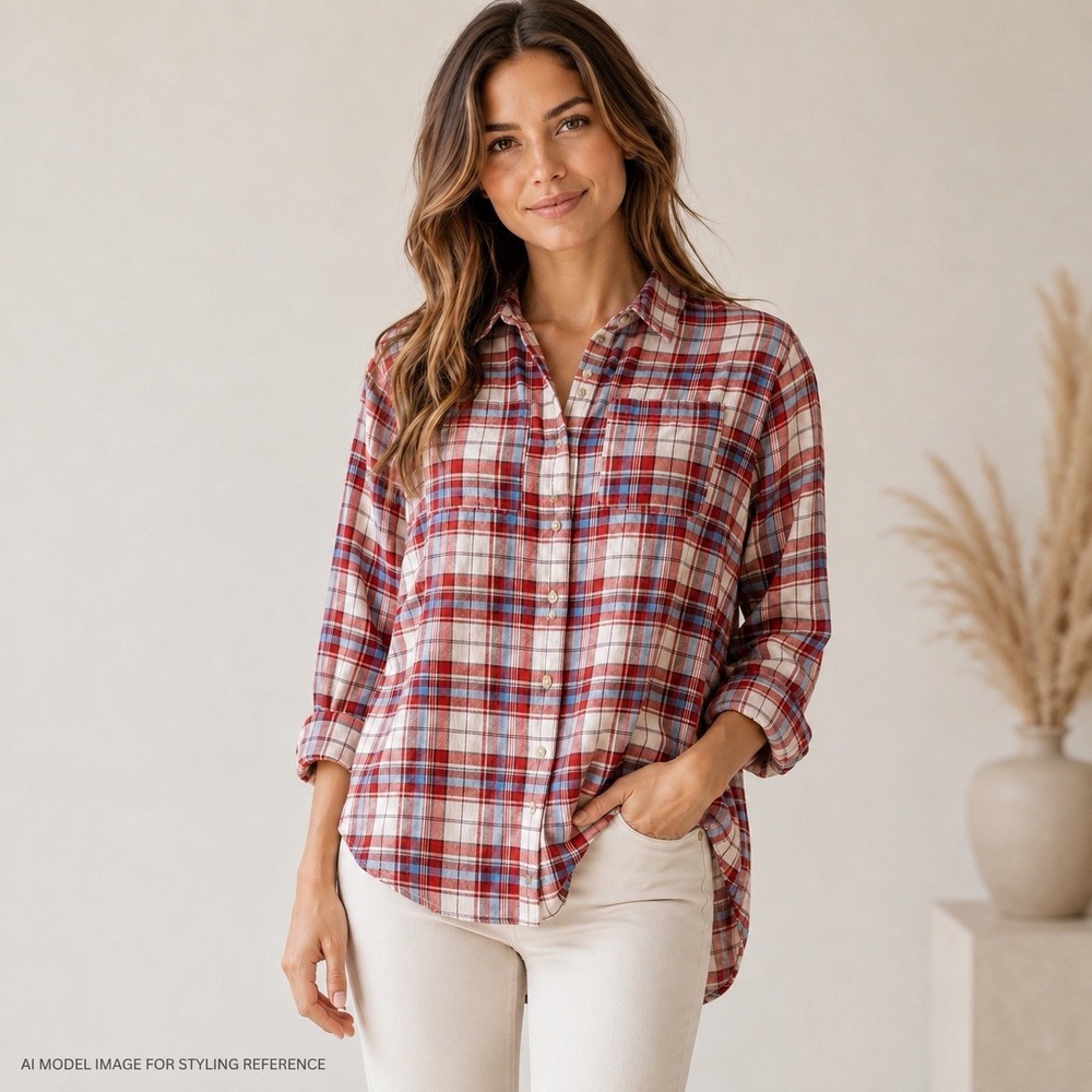 Pilcro Hadley Plaid Button Down Shirt Women's S Red Blue High Low Relaxed Fall
